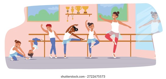 Talentosas crianças aprendendo técnica em ambiente de apoio de aulas de balé clássico e aula de dança com ilustração de vetor de desenhos animados do professor. Desenvolvimento artístico e físico para crianças pequenas