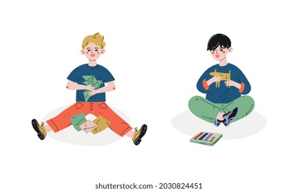 Talented Children Set, Boys Making Origami And Figures From Plasticine, Child Development, Hobby, Education Concept Vector Illustration