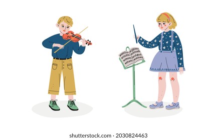 Talented Children Set, Girl Conductor Directing With Her Baton, Boy Playing Violin, Child Development, Hobby, Education Concept Vector Illustration