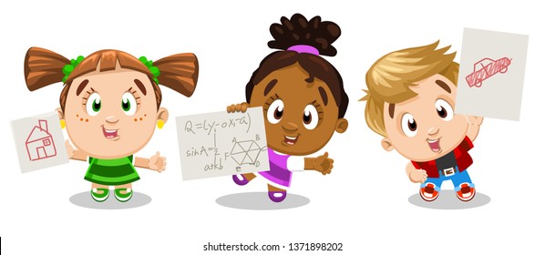 Talented children showing his successes in drawing and math. Multiracial boy and girls bragging about completed homework. Cartoon set of children`s hobby, isolated on white background.