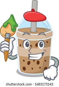 Talented chocolate bubble tea Artist cartoon character with brush