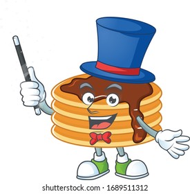 Talented chocolate cream pancake in a Magician cartoon design style 