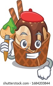 Talented coffee ice cream Artist cartoon character with brush