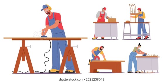 Talented Craftsmen Working on Various Woodworking Projects, Displaying Skill and Precision in Craftsmanship. Vector Image Captures the Essence of Creativity in the World of Woodworking and Carpentry