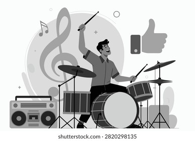 Talented drummer playing a drum set passionately in a greyscale illustration with musical notes and social media like button.