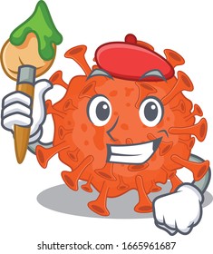 Talented electron microscope coronavirus Artist cartoon character with brush