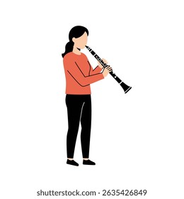 Talented Female Clarinetist Playing Musical Clarinet on Clean White Studio Background