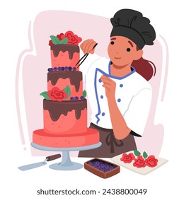 Talented Female Confectioner Character Delicately Adorns A Cake With Exquisite Details, Showcasing Precision And Creativity, Turning A Simple Dessert Into A Work Of Art. Cartoon Vector Illustration