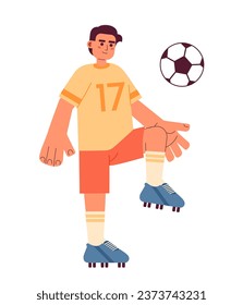 Talented football player semi flat color vector character. Man kicking ball with knee. Team game, training. Editable full body person on white. Simple cartoon spot illustration for web graphic design