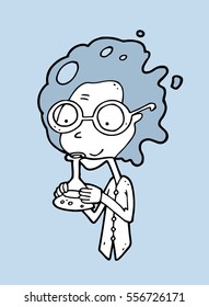 Talented genius chemist watching the reaction of the steaming bubbling mixture in the glass flask during the experiment,  the result of which, perhaps, will be the discovery of a new drug or poison.