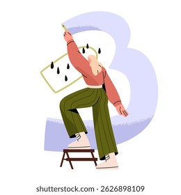 Talented girl drawing with chalk back view. Artist painting with crayon, colored pencil. Modern painter creates artwork, contemporary wall art. Flat isolated vector illustration on white background