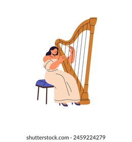 Talented girl in elegant dress performs symphony with golden harp. Musician plays music with string instrument in philharmonic concert, performance. Flat isolated vector illustration on white