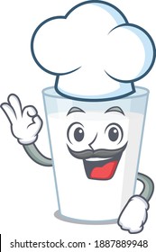 Talented glass of milk chef cartoon drawing wearing chef hat. Vector illustration