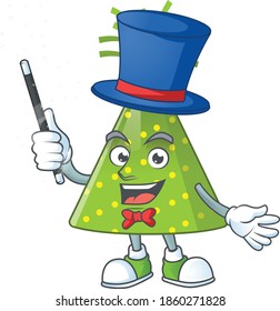 Talented green party hat Magician cartoon mascot design style. Vector illustration