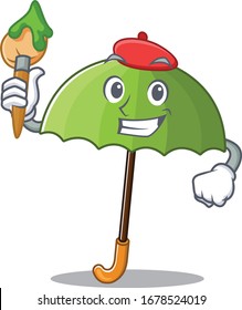 Talented green umbrella Artist cartoon character with brush