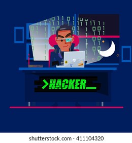 A talented hacker character design in darkness room with computer coding in background. hacking and programing concept - vector illustration