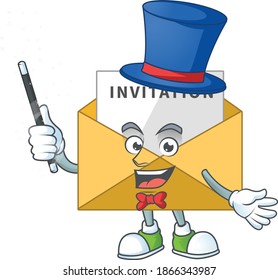 Talented invitation message Magician cartoon mascot design style. Vector illustration