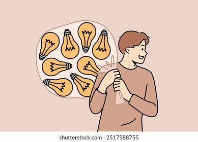 Talented man with lot of ideas in imaginary bag goes to investors for investment for startup. Light bulbs behind happy guy symbolize ideas and innovations awaiting testing and launch.