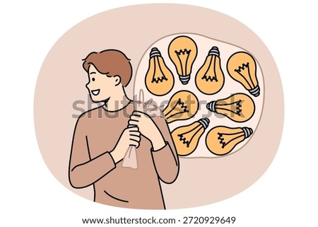 Talented man with lot of ideas in imaginary bag goes to investors for investment for startup. Light bulbs behind happy guy symbolize ideas and innovations awaiting testing and launch.