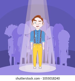 Talented Man Standing In Spotlight Over Silhouette People Crowd Background