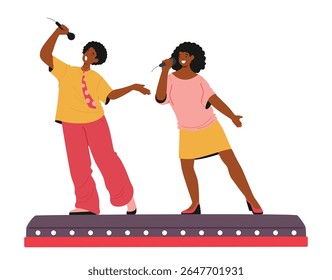 Homem talentoso e mulher cantores com microfone que se apresentam no palco isolados no fundo branco. Personagens de desenhos animados artistas femininos e masculinos que participam do show de talentos vocais ilustração vetorial