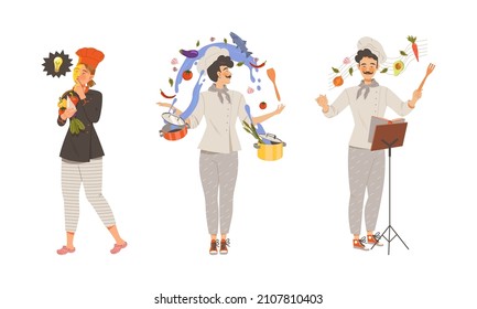 Talented master chefs cooking tasty dishes of haute cuisine set vector illustration