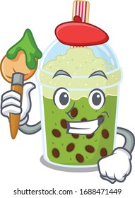 Talented matcha bubble tea Artist cartoon character with brush