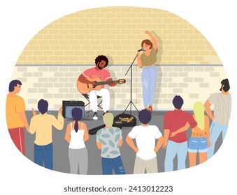 Talented music street performers playing acoustic guitar and singing in microphone vector illustration. Guitarist and soloist couple performing urban concert for citizens