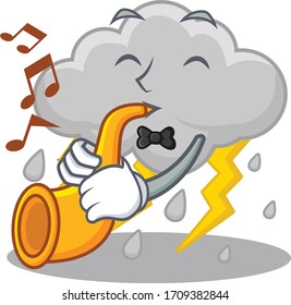 Talented musician of cloud stormy cartoon design playing a trumpet