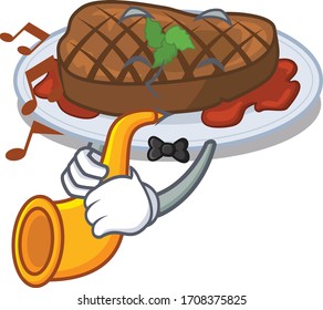 Talented musician of grilled steak cartoon design playing a trumpet