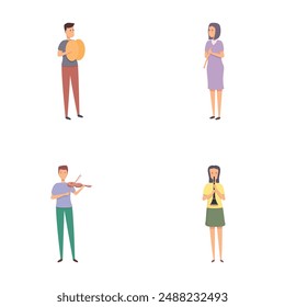 Talented musician icons set cartoon vector. People playing musical instrument. Performance, rehearsal