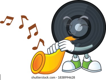 Talented musician of music viynl disc mascot design playing music with a trumpet. Vector illustration