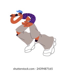 Talented musician performs with vocal show on stage. Professional singer sings with microphone on concert. Music artist performance with rap song. Flat isolated vector illustration on white background