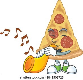 Talented musician of slice of pizza mascot design playing music with a trumpet. Vector illustration