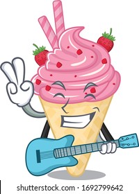 Talented musician of strawberry ice cream cartoon design playing a guitar