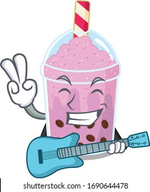 Talented musician of taro bubble tea cartoon design playing a guitar