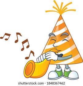 Talented musician of yellow party hat mascot design playing music with a trumpet. Vector illustration