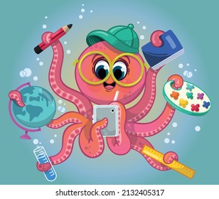 Talented octopus student ready for school. Vector illustration.