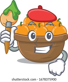 Talented orange fruit basket Artist cartoon character with brush
