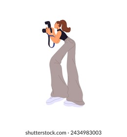 Talented photographer takes fashion photos. Paparazzi creates snapshots, shots with digital camera. Professional photograph job, photography profession. Flat isolated vector illustration on white