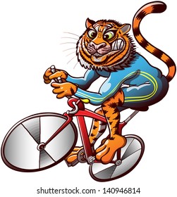 Talented and powerful striped orange tiger riding a red modern cycle while competing in a sprint track event