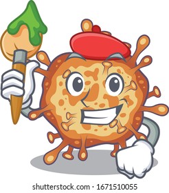 Talented retro virus corona Artist cartoon character with brush