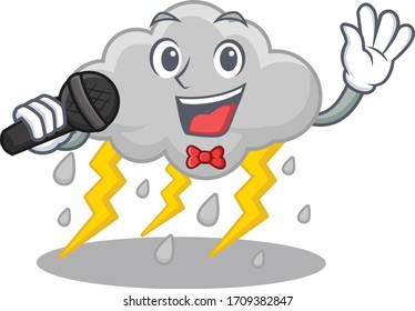 Talented singer of cloud stormy cartoon character holding a microphone