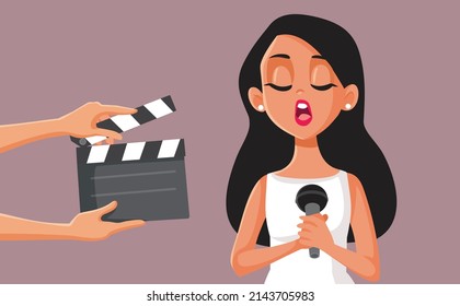 
Talented Singer Performing on Musical Tv Show Vector Cartoon Illustration. Female entertainer singing in a televised talent show 
