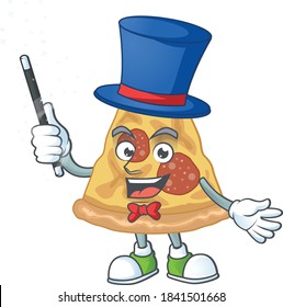 Talented slice of pizza Magician cartoon mascot design style. Vector illustration