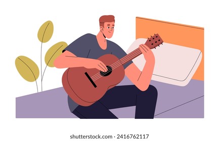 Talented student learning to play string instruments. Guitarist perform on acoustic guitar. Musician do music at home. Musical class, lesson. Flat isolated vector illustration on white background