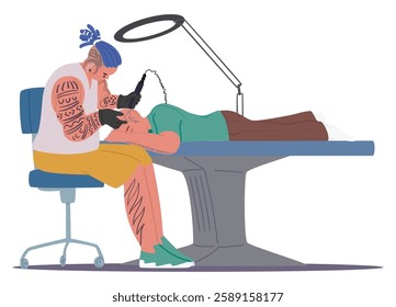 Talented tattoo artist drawing ink picture permanent adornment on bald client head at professional salon cartoon scene. Safety procedure for creative people body decoration vector illustration