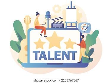 Talented tiny people. Super star. Talent - text on laptop screen. Open your potential. Modern flat cartoon style. Vector illustration on white background