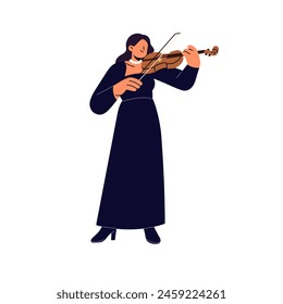 Talented viola player, musician in dress performs symphony with string instrument. Professional violinist plays music with violin, fiddle bow in performance. Flat isolated vector illustration on white