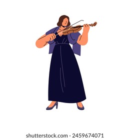 Talented violinist plays string instrument with bow. Musician performs classical music with violin. Viola player is in symphony performance. Flat isolated vector illustration on white background